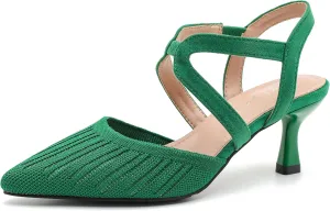 Women's Closed Toe Low Kitten Heel Knit Pumps Elastic Ankle Strap Pointed Toe Slingback Comfortable Dress Wedding Party Shoes