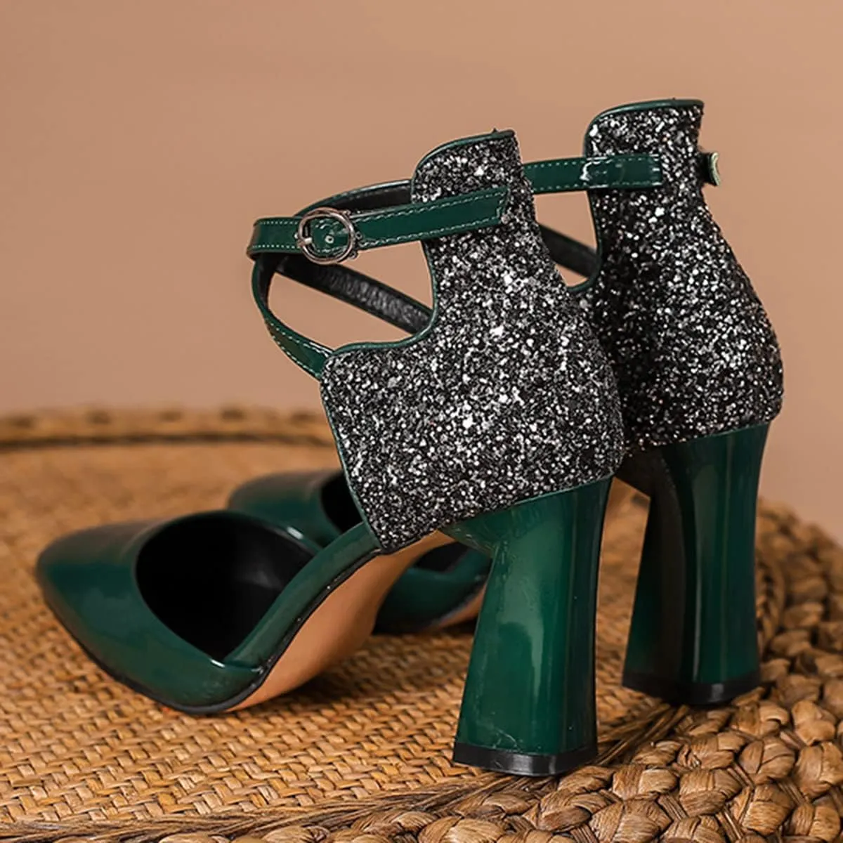 Womens Cross-Tied Court Shoes Pointed Toe Block Heel Pumps
