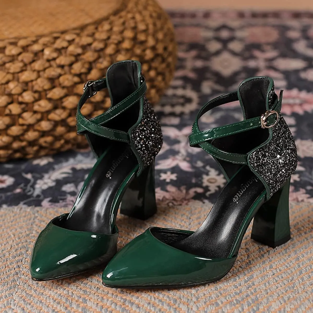 Womens Cross-Tied Court Shoes Pointed Toe Block Heel Pumps