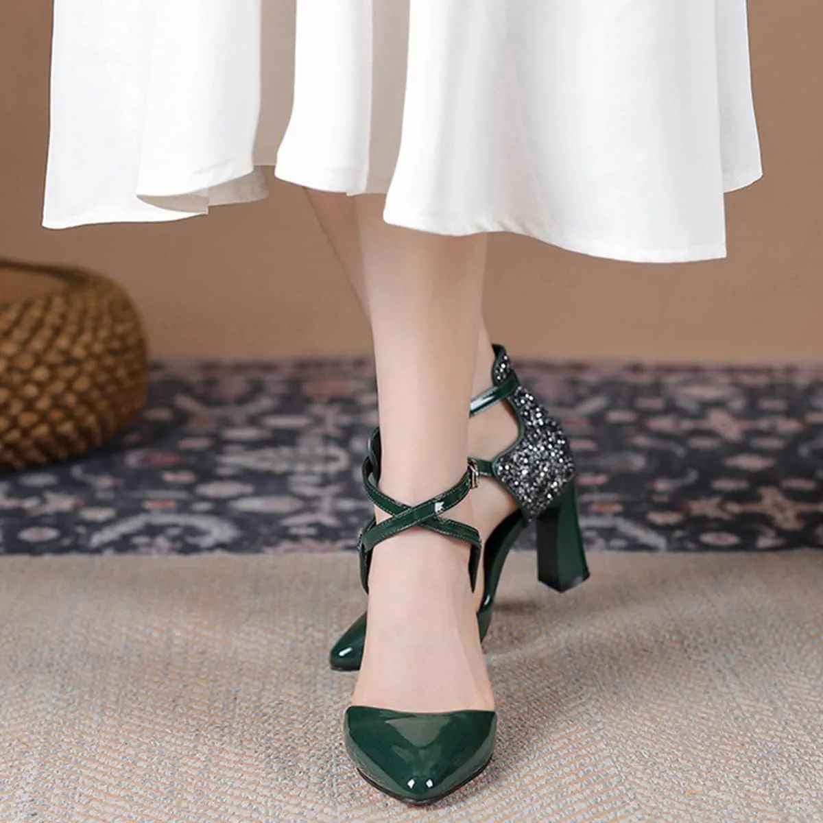 Womens Cross-Tied Court Shoes Pointed Toe Block Heel Pumps