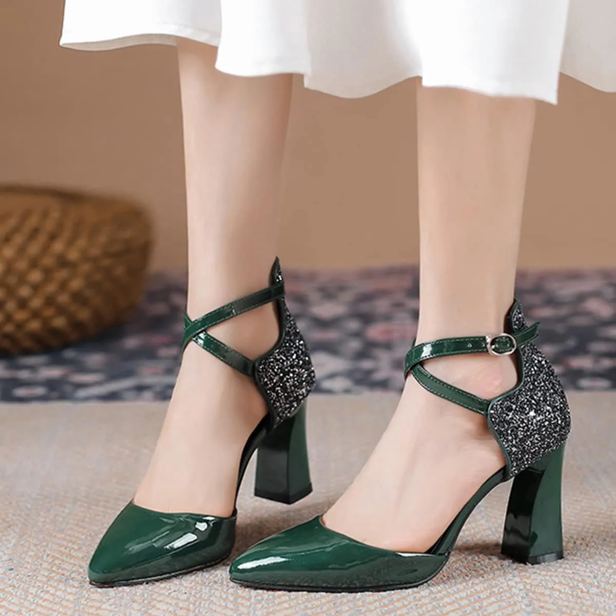 Womens Cross-Tied Court Shoes Pointed Toe Block Heel Pumps
