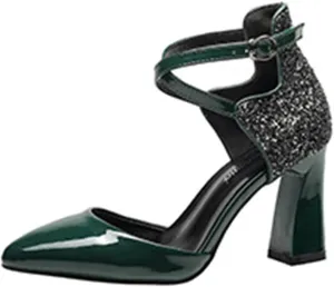 Womens Cross-Tied Court Shoes Pointed Toe Block Heel Pumps