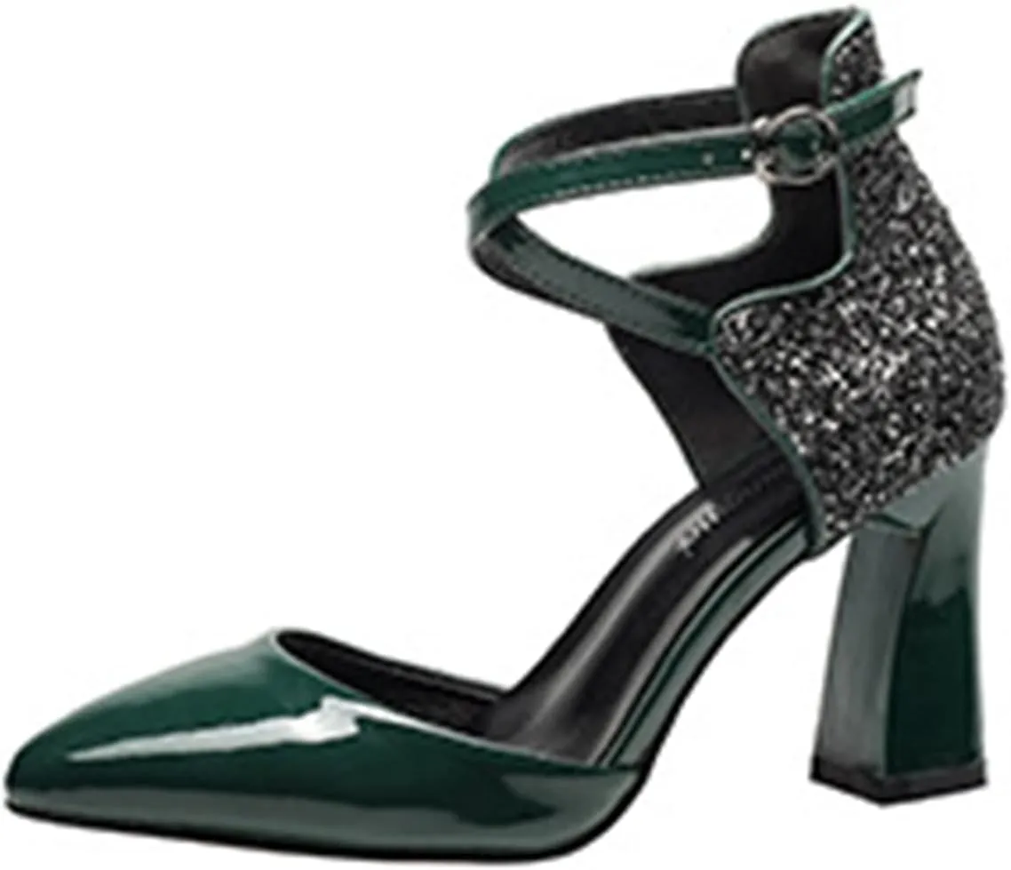 Womens Cross-Tied Court Shoes Pointed Toe Block Heel Pumps