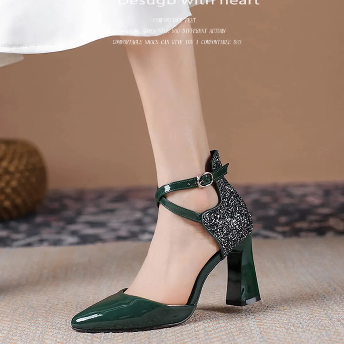Womens Cross-Tied Court Shoes Pointed Toe Block Heel Pumps