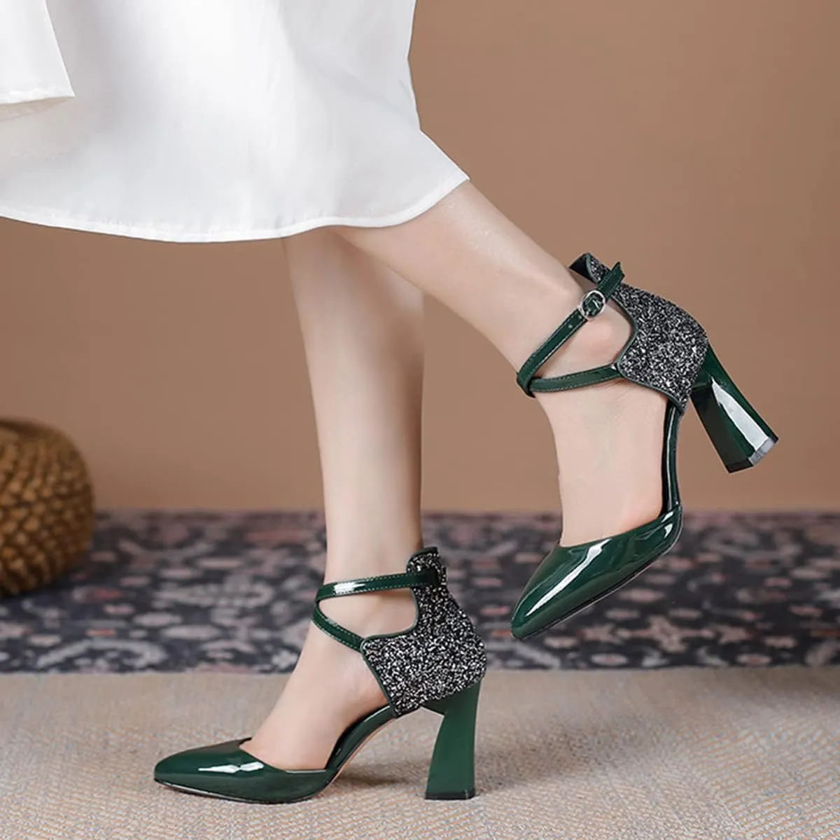 Womens Cross-Tied Court Shoes Pointed Toe Block Heel Pumps