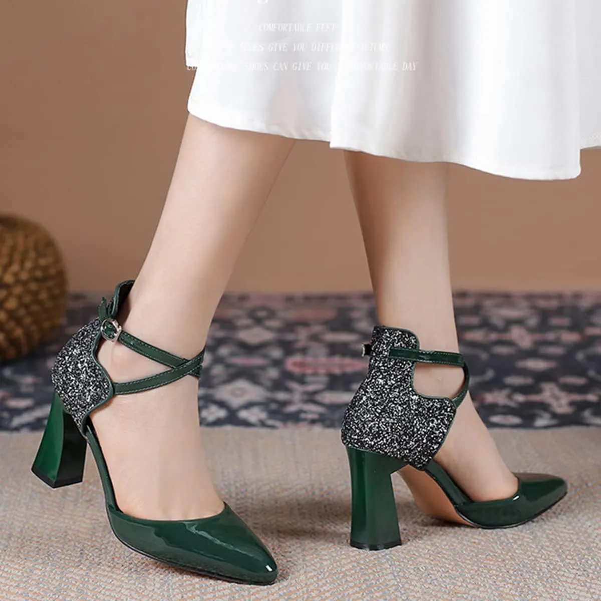 Womens Cross-Tied Court Shoes Pointed Toe Block Heel Pumps
