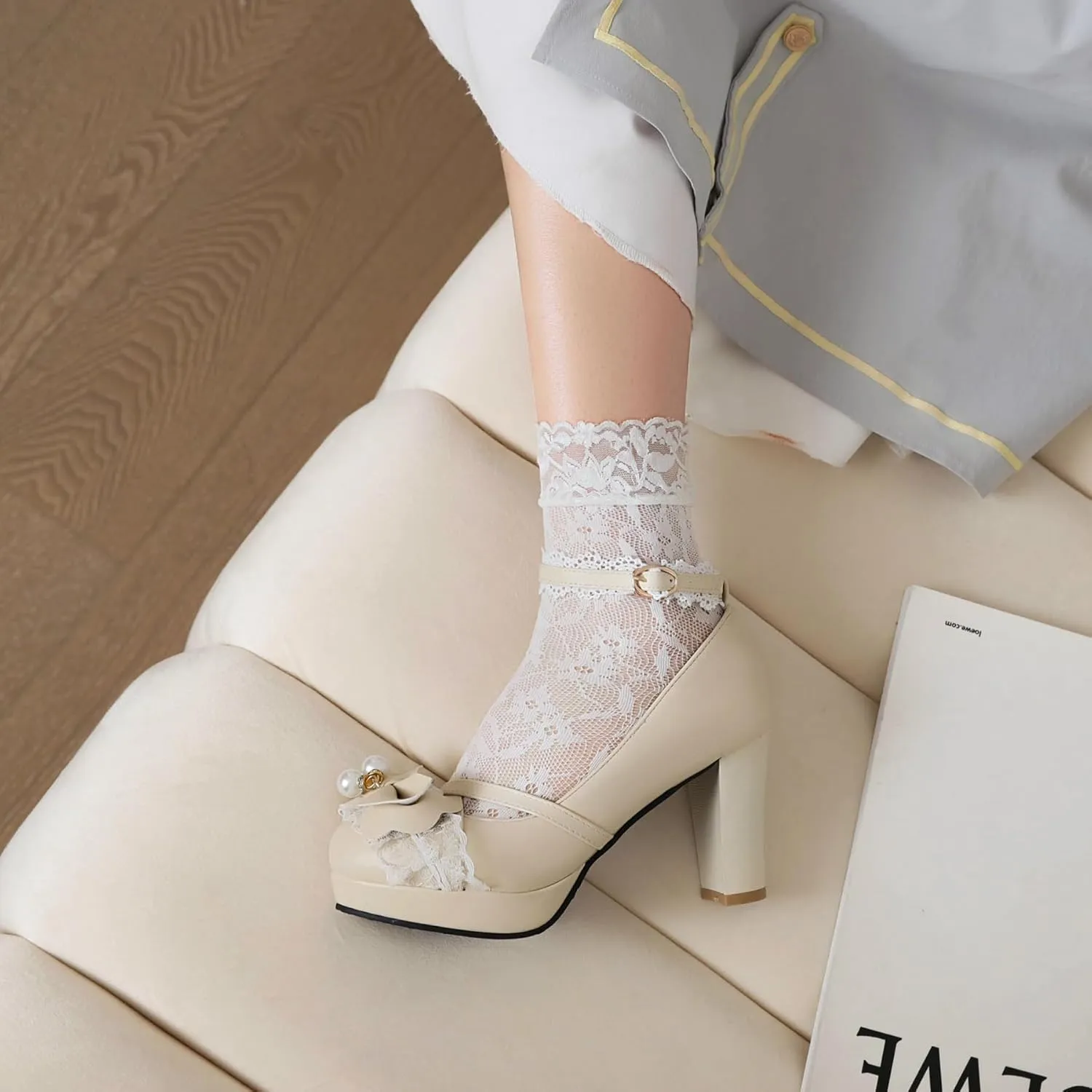 Women's Cute Buckle Chunky Block Mary Jane Bow Heels, Kawaii Ankle Strap Mary Jane Pumps, Vintage Almond Closed Toe Dress Platform Lolita Shoes