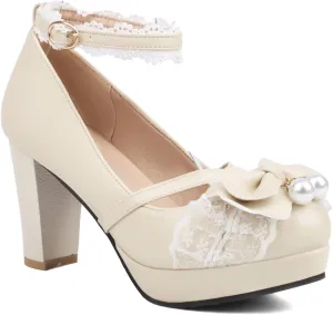 Women's Cute Buckle Chunky Block Mary Jane Bow Heels, Kawaii Ankle Strap Mary Jane Pumps, Vintage Almond Closed Toe Dress Platform Lolita Shoes