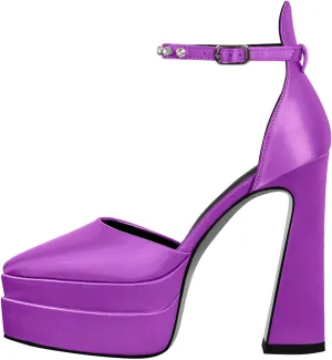 Women’s Double High Chunky Platform Pointed Closed Toe Chunky Heels Ankle Strap Rhinestone Pumps Shoes for Dress Wedding Party
