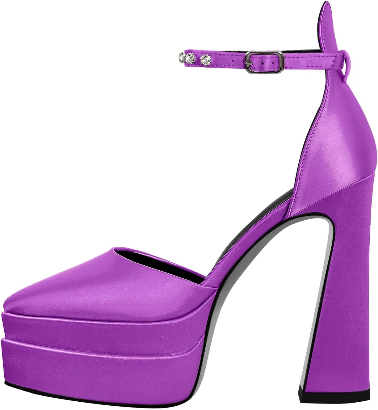 Women’s Double High Chunky Platform Pointed Closed Toe Chunky Heels Ankle Strap Rhinestone Pumps Shoes for Dress Wedding Party