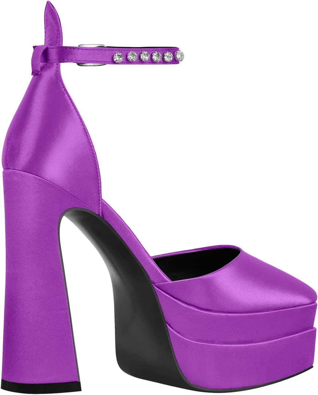 Women’s Double High Chunky Platform Pointed Closed Toe Chunky Heels Ankle Strap Rhinestone Pumps Shoes for Dress Wedding Party