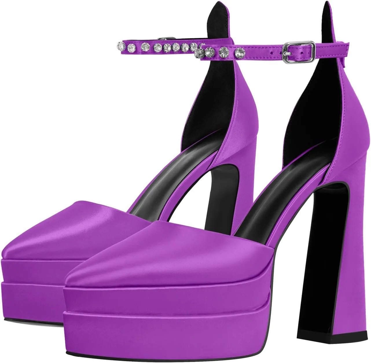 Women’s Double High Chunky Platform Pointed Closed Toe Chunky Heels Ankle Strap Rhinestone Pumps Shoes for Dress Wedding Party