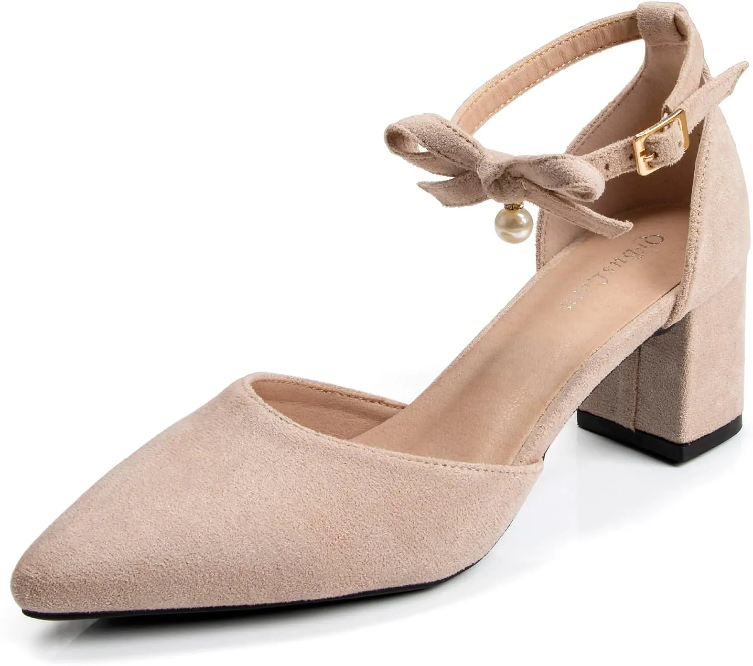 Women's Dressy Comfortable Ankle Strap Bow Heels Shoes with Pearl Nude Block Heels for Women Closed Toe Pointy Faux Suede 2 Inch Low Heel Wedding Bride Chunky Pumps