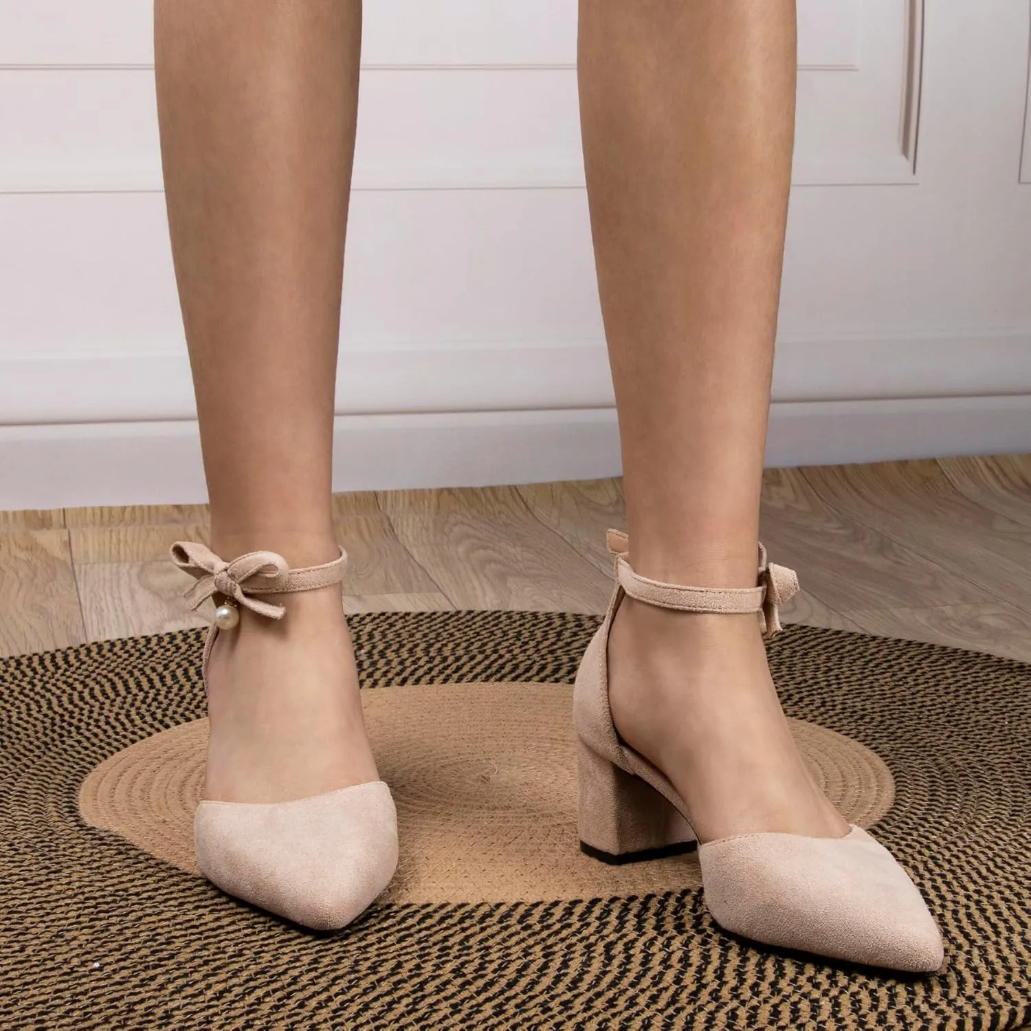 Women's Dressy Comfortable Ankle Strap Bow Heels Shoes with Pearl Nude Block Heels for Women Closed Toe Pointy Faux Suede 2 Inch Low Heel Wedding Bride Chunky Pumps