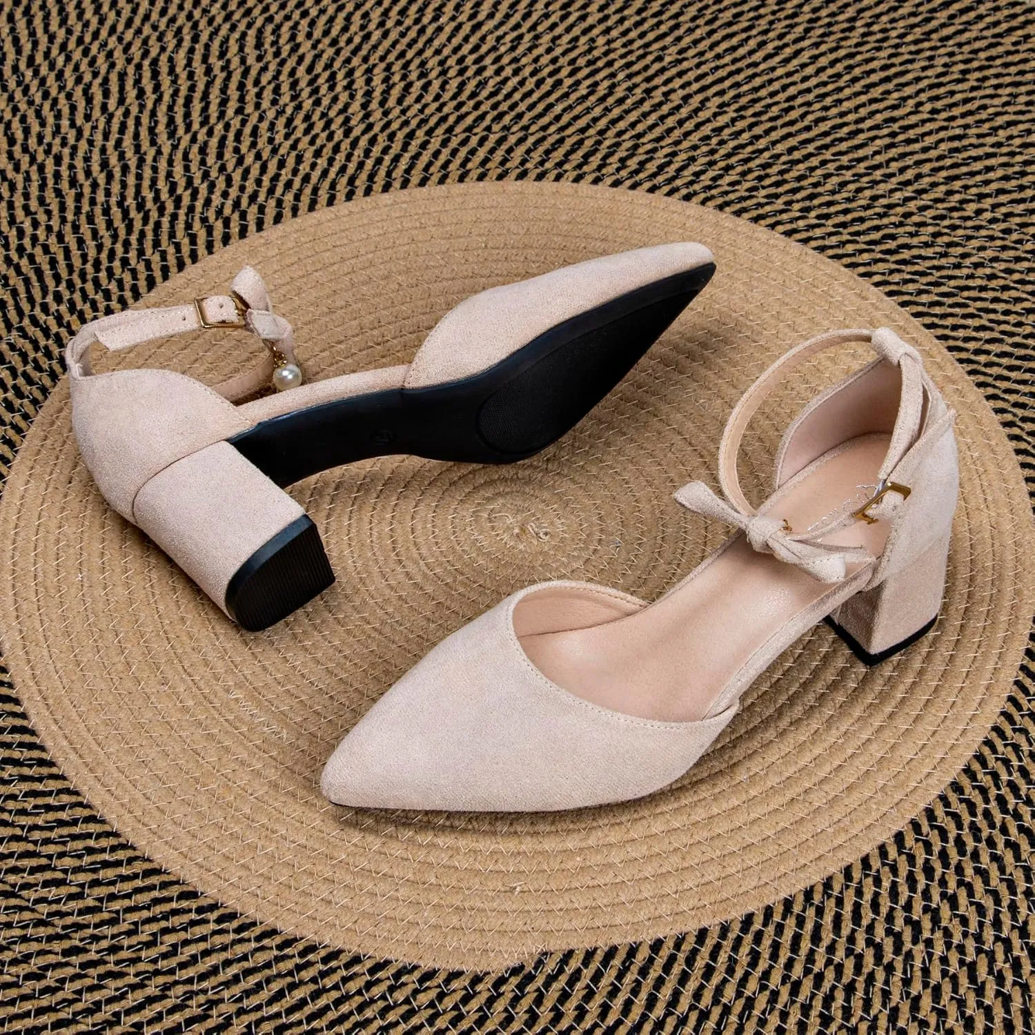 Women's Dressy Comfortable Ankle Strap Bow Heels Shoes with Pearl Nude Block Heels for Women Closed Toe Pointy Faux Suede 2 Inch Low Heel Wedding Bride Chunky Pumps