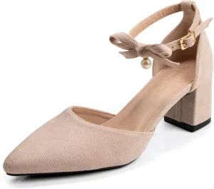 Women's Dressy Comfortable Ankle Strap Bow Heels Shoes with Pearl Nude Block Heels for Women Closed Toe Pointy Faux Suede 2 Inch Low Heel Wedding Bride Chunky Pumps