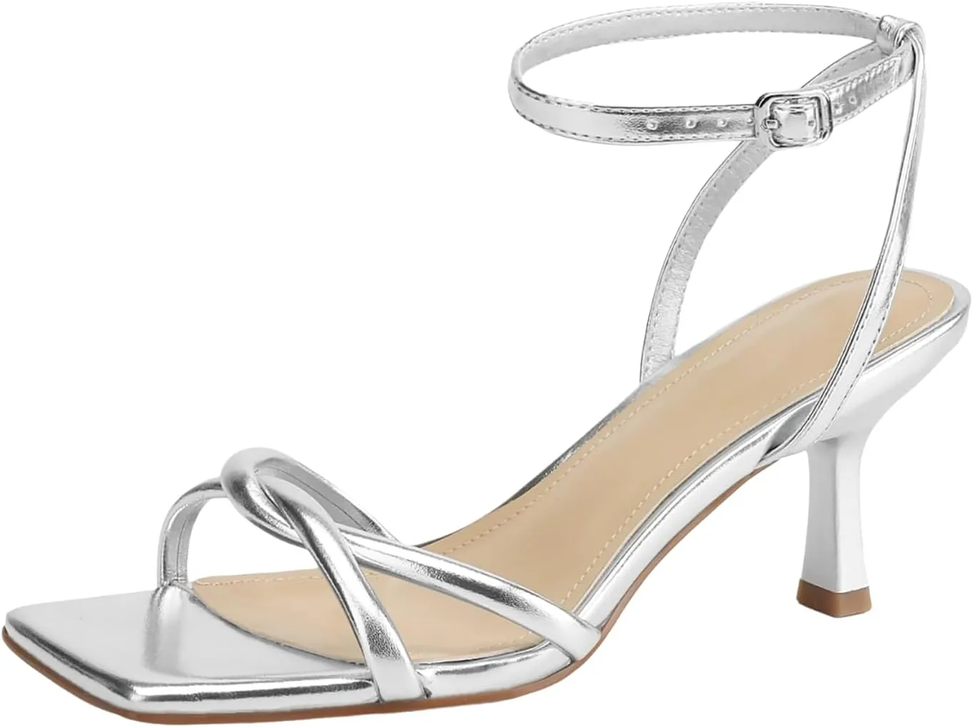 Women's Elegant Crisscross High Heel Sandals Square Toe Kitten Mid-heel Dressy Shoes Adjustable Ankle Strap for Party Prom Weddings