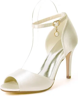 Women's Elegant Satin Kitten Heel Sandals with Buckle - Ivory White 3.54" (9cm) High Heels for Wedding, Bridal, Prom, and Evening Parties