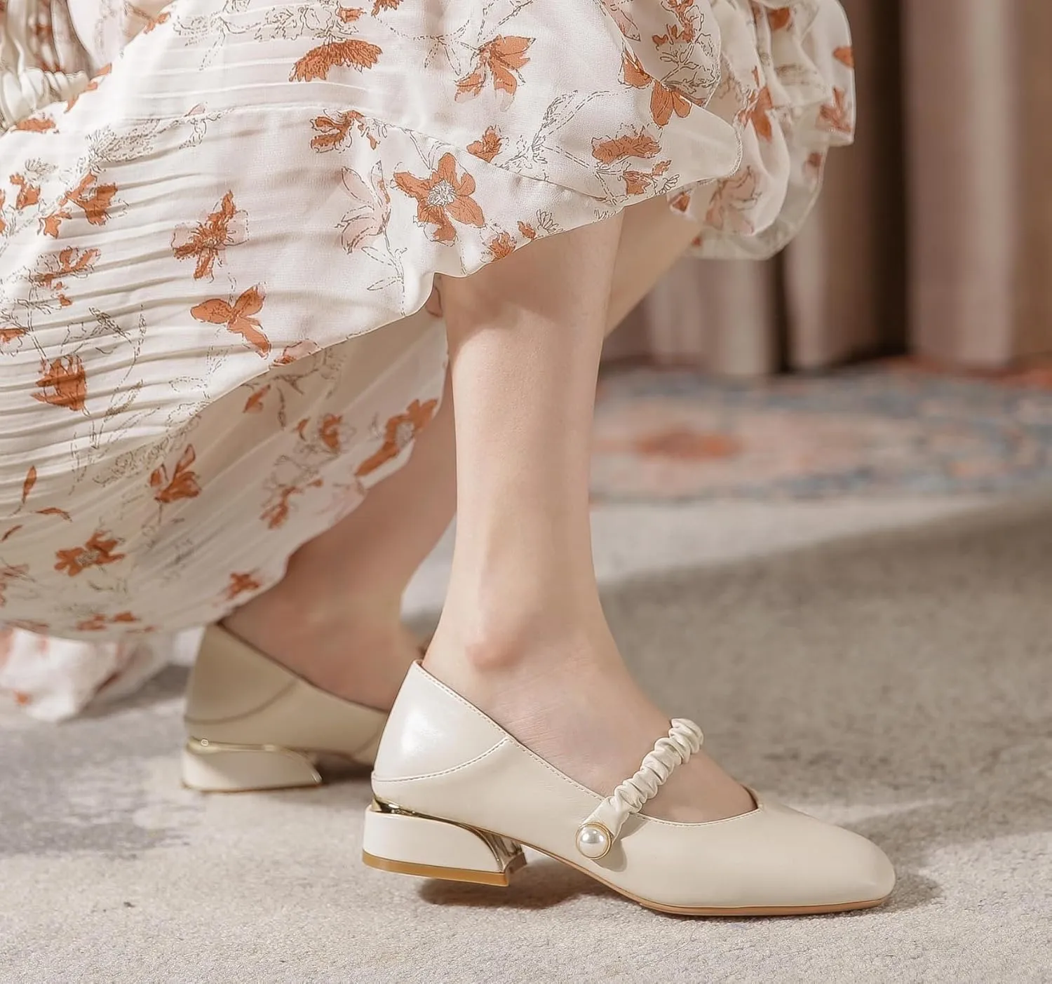 Women's Elegant Square Toe Mary Jane Shoes Low Top Block Heel Pumps
