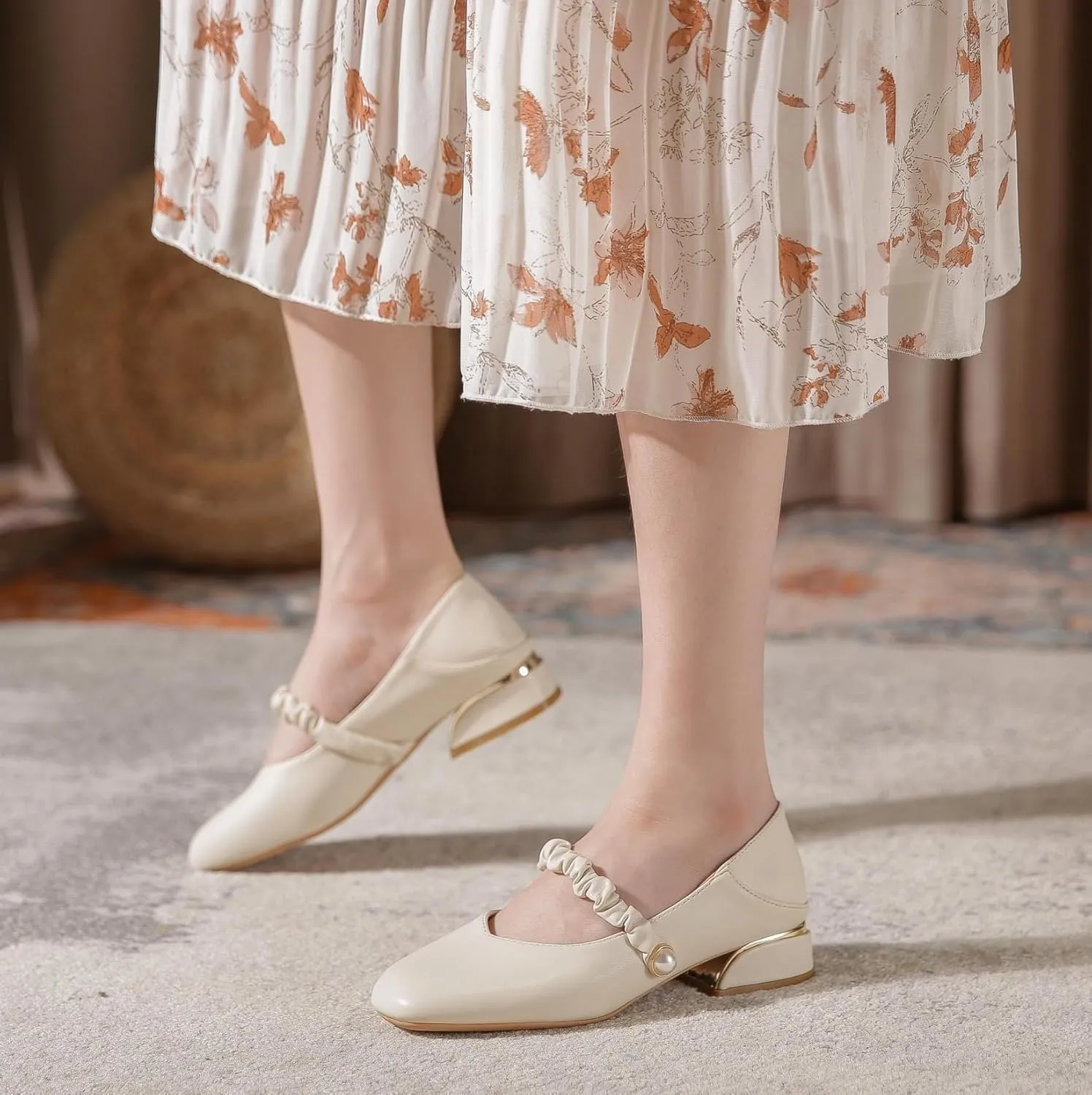 Women's Elegant Square Toe Mary Jane Shoes Low Top Block Heel Pumps