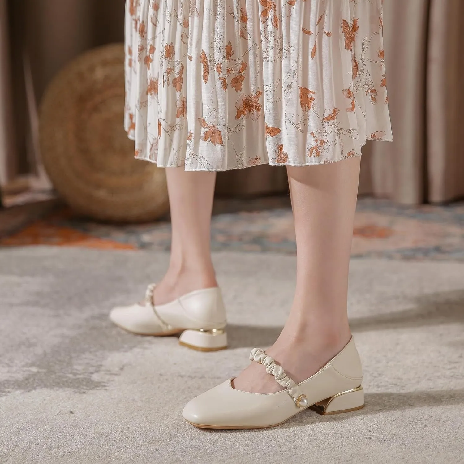 Women's Elegant Square Toe Mary Jane Shoes Low Top Block Heel Pumps