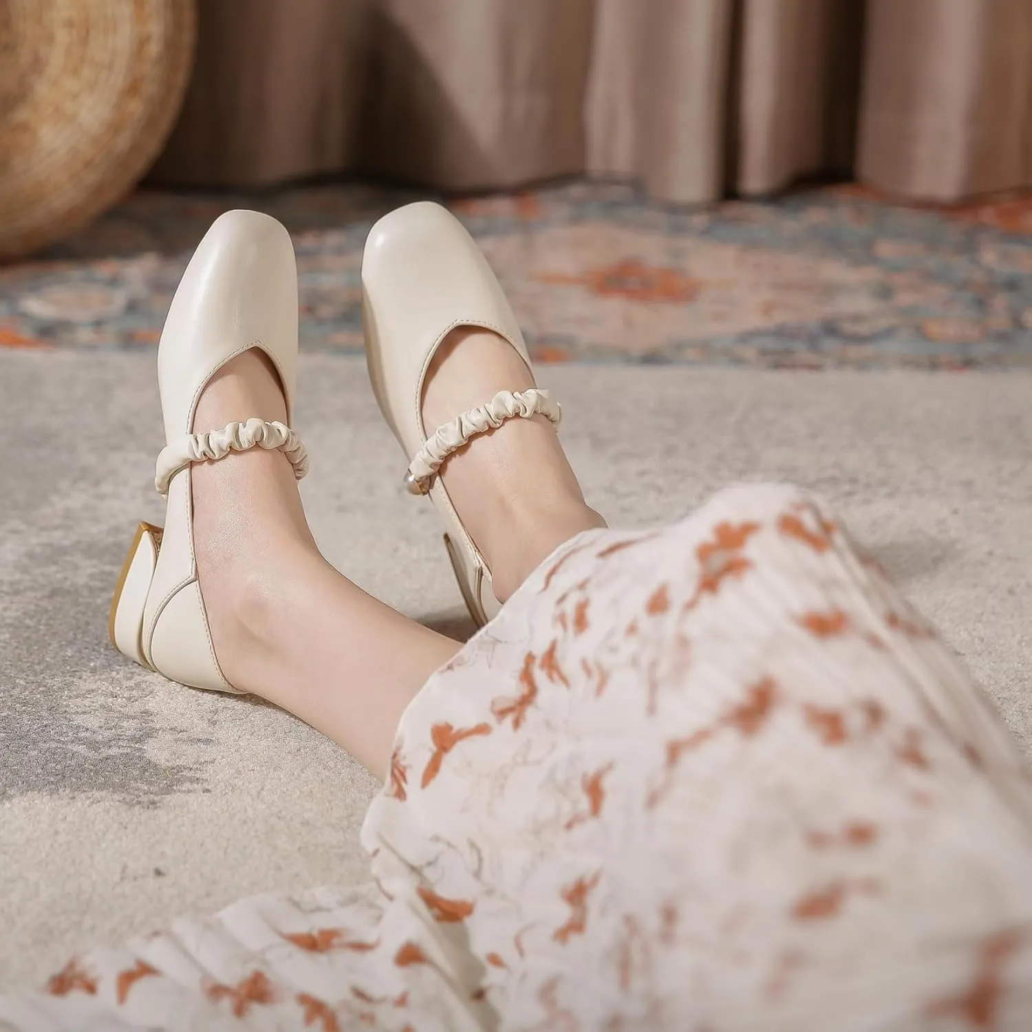 Women's Elegant Square Toe Mary Jane Shoes Low Top Block Heel Pumps