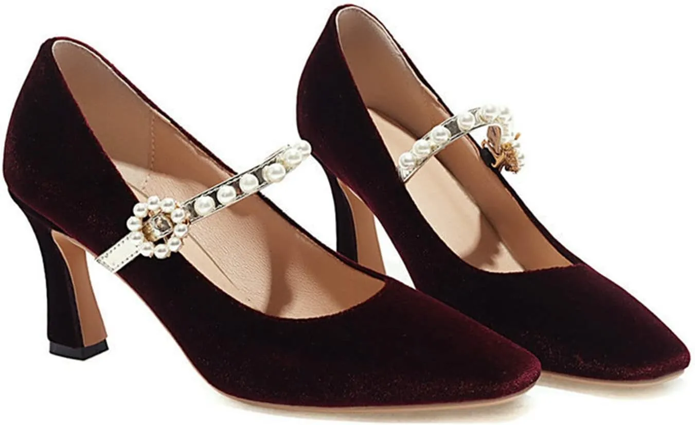Women's Elegant Velvet Mary Jane Pumps Kitten High Heel Pearl Ankle Strap Wedding Prom Dress Shoes