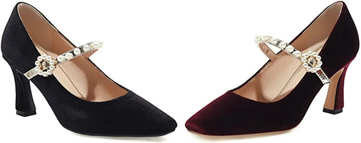 Women's Elegant Velvet Mary Jane Pumps Kitten High Heel Pearl Ankle Strap Wedding Prom Dress Shoes