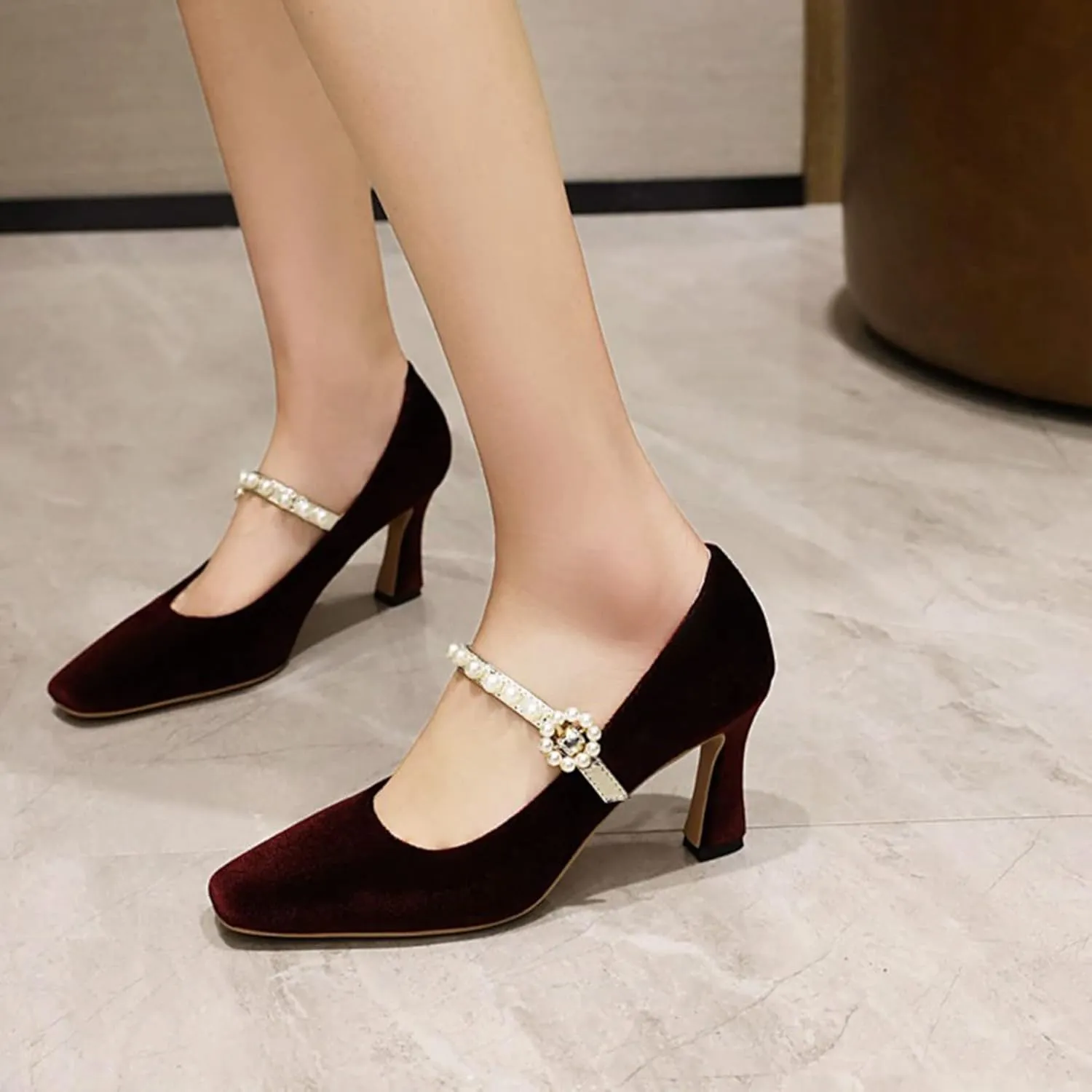 Women's Elegant Velvet Mary Jane Pumps Kitten High Heel Pearl Ankle Strap Wedding Prom Dress Shoes
