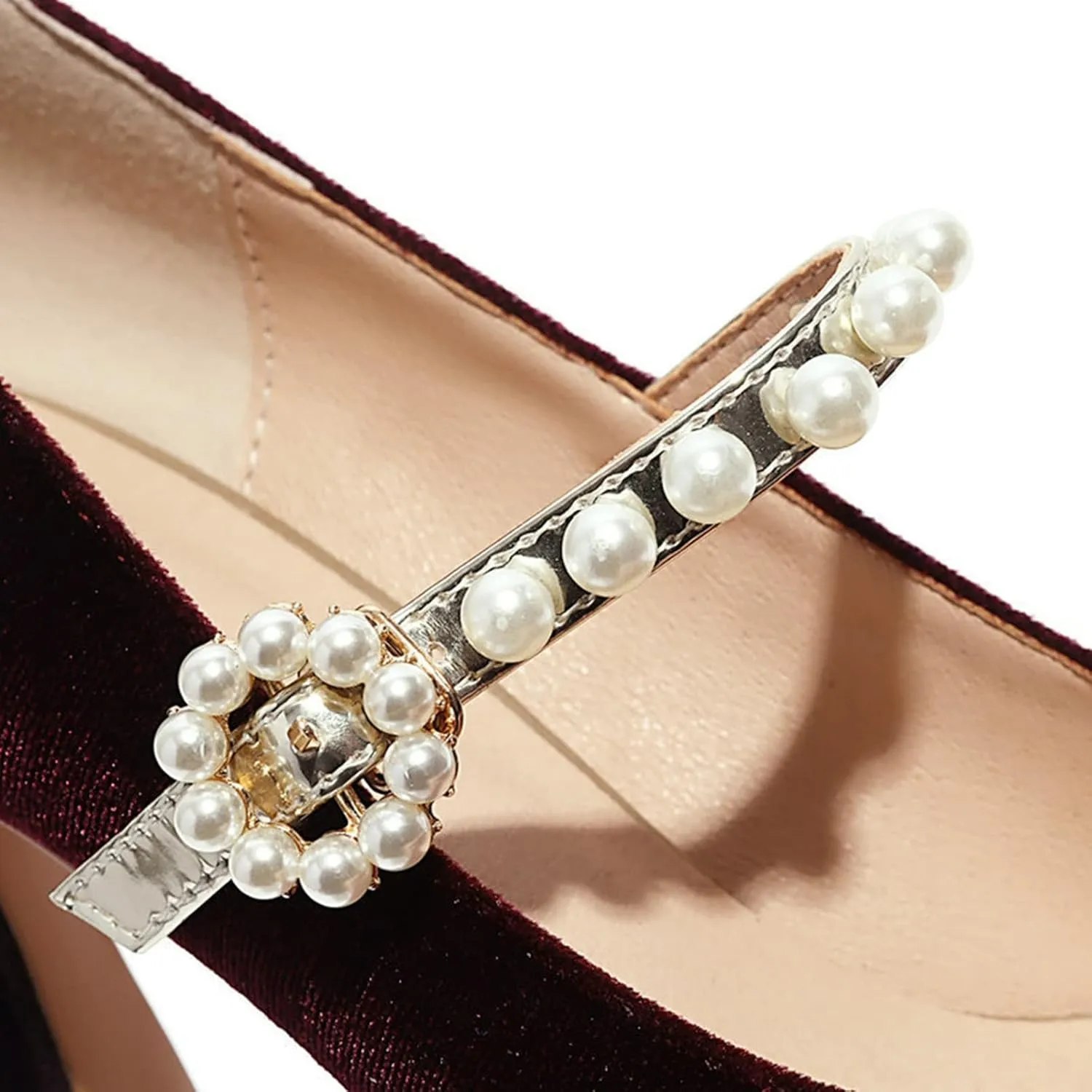 Women's Elegant Velvet Mary Jane Pumps Kitten High Heel Pearl Ankle Strap Wedding Prom Dress Shoes