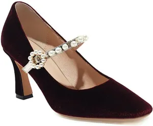 Women's Elegant Velvet Mary Jane Pumps Kitten High Heel Pearl Ankle Strap Wedding Prom Dress Shoes