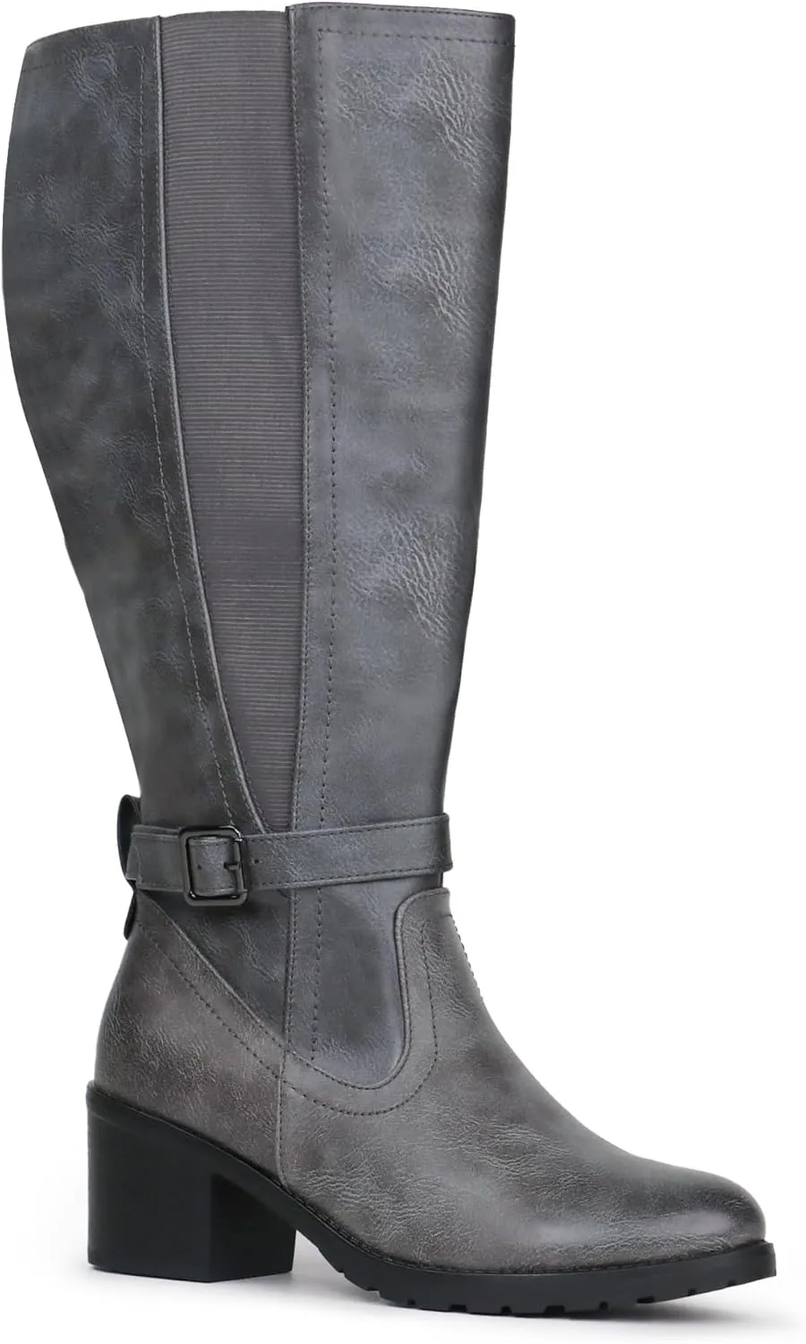 Womens Extra Wide Calf Stretch Panel Side Zipper Knee High Boots with Block Heel