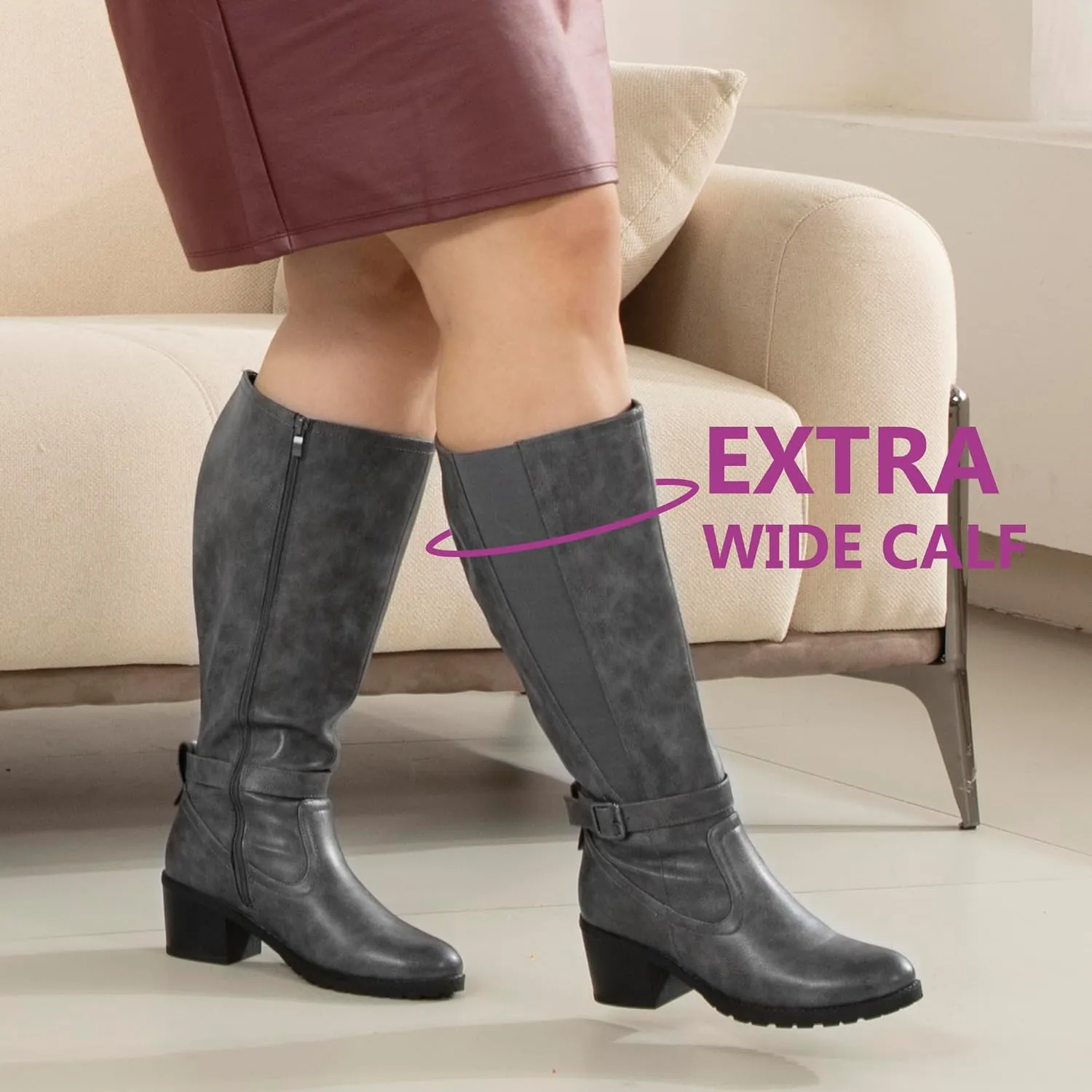 Womens Extra Wide Calf Stretch Panel Side Zipper Knee High Boots with Block Heel