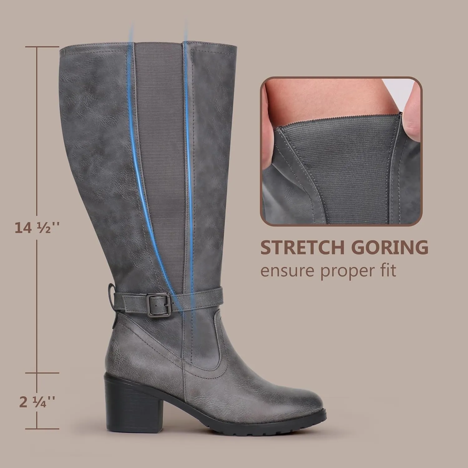 Womens Extra Wide Calf Stretch Panel Side Zipper Knee High Boots with Block Heel