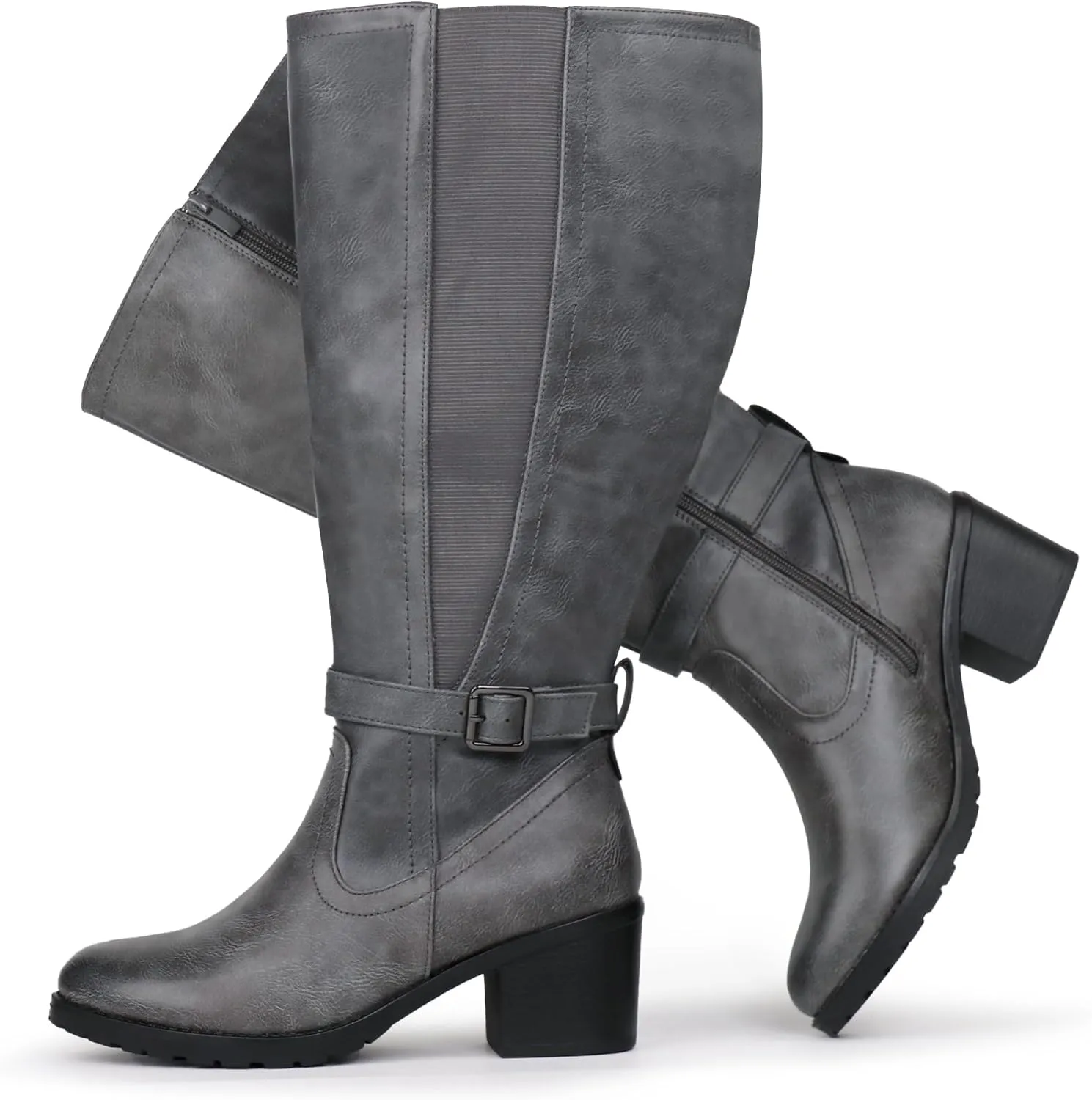 Womens Extra Wide Calf Stretch Panel Side Zipper Knee High Boots with Block Heel
