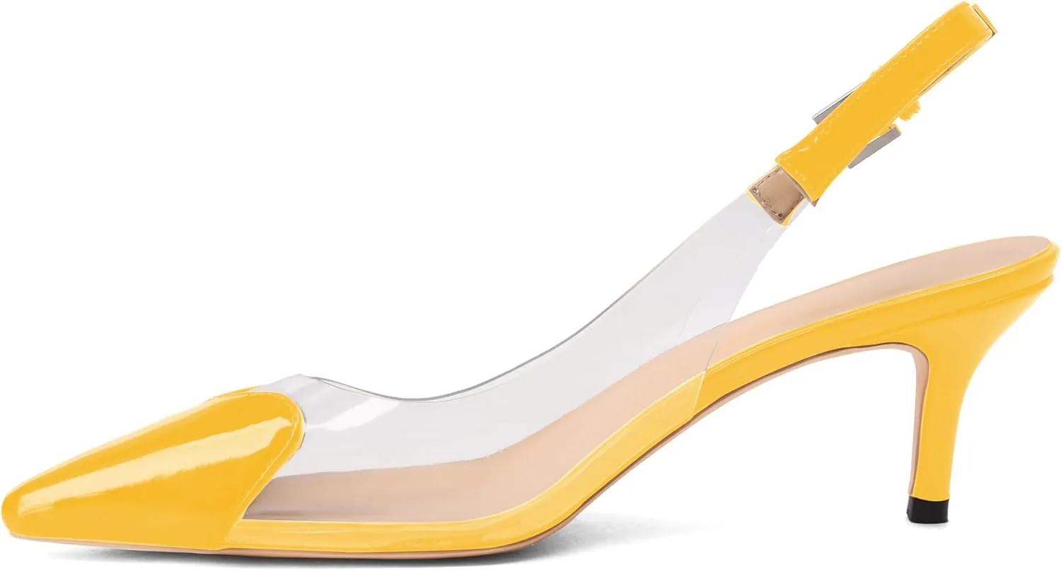 Women's Fashion Pointed Toe Heart Pumps Elegant 6 CM/2.4 Inch Heel Splicing Slingback Kitten Heels Transparent PVC Cute Clear Pumps Closed Toe Wedding Party Dress Shoes