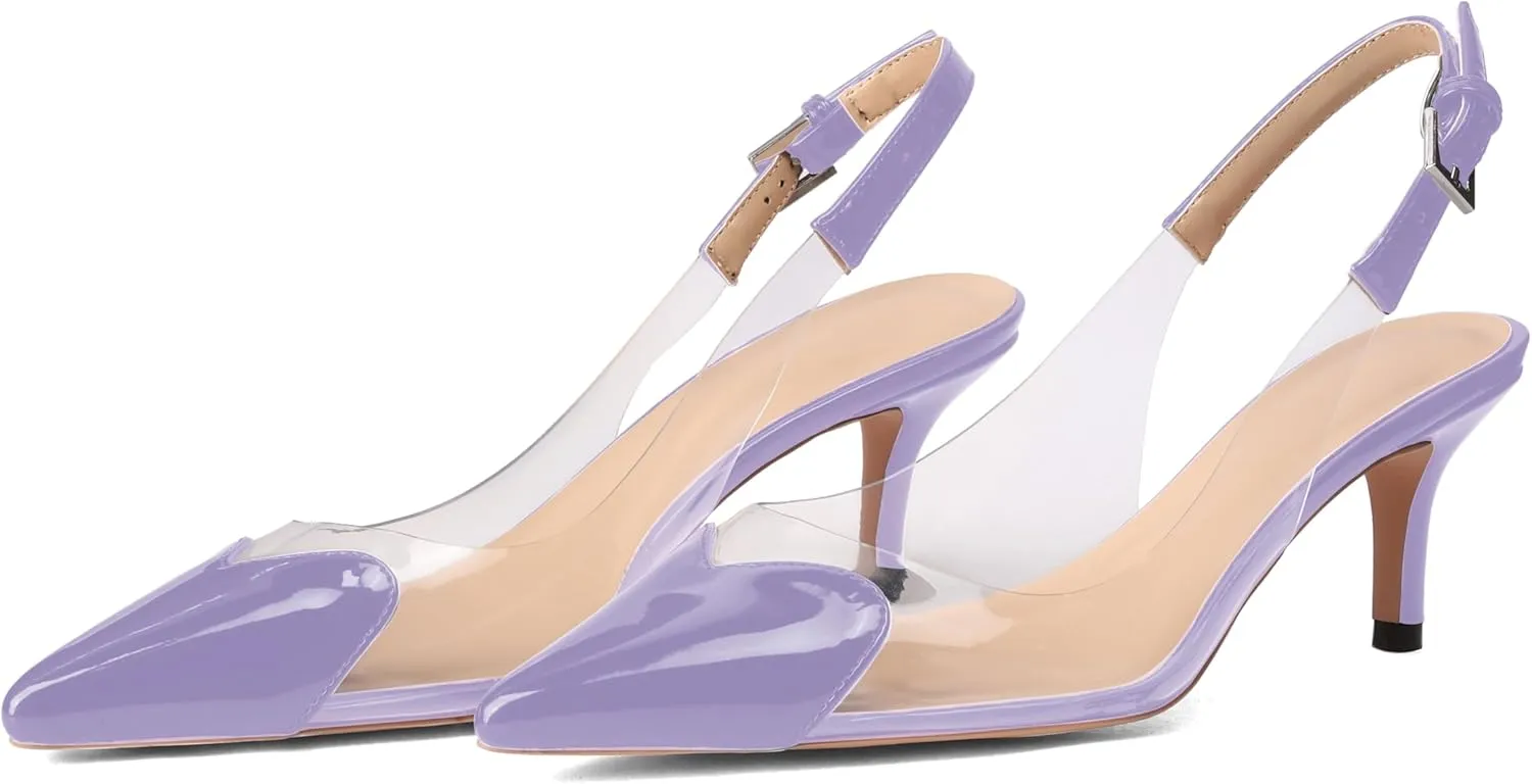 Women's Fashion Pointed Toe Heart Pumps Elegant 6 CM/2.4 Inch Heel Splicing Slingback Kitten Heels Transparent PVC Cute Clear Pumps Closed Toe Wedding Party Dress Shoes