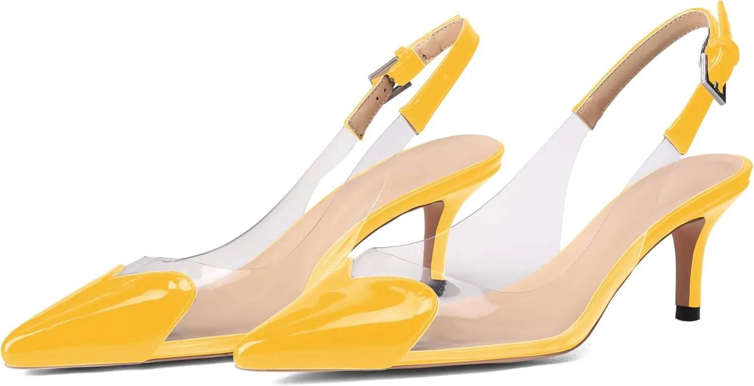 Women's Fashion Pointed Toe Heart Pumps Elegant 6 CM/2.4 Inch Heel Splicing Slingback Kitten Heels Transparent PVC Cute Clear Pumps Closed Toe Wedding Party Dress Shoes