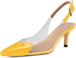 Women's Fashion Pointed Toe Heart Pumps Elegant 6 CM/2.4 Inch Heel Splicing Slingback Kitten Heels Transparent PVC Cute Clear Pumps Closed Toe Wedding Party Dress Shoes
