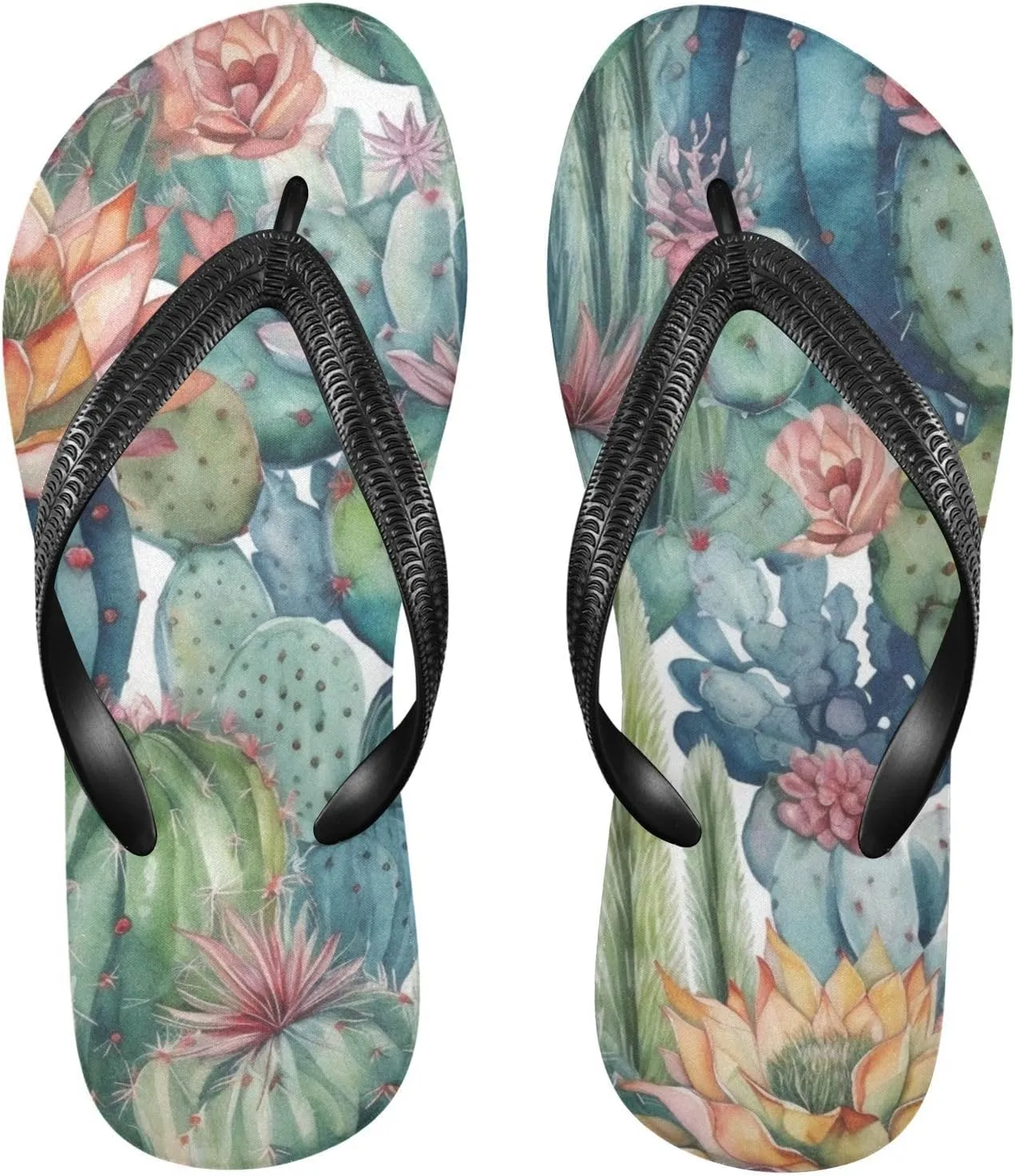 Women's Flip Flop Sandals Casual Summer Sandal, Mens Flip Flops for Beach Outdoor-Watercolor Cactus Print