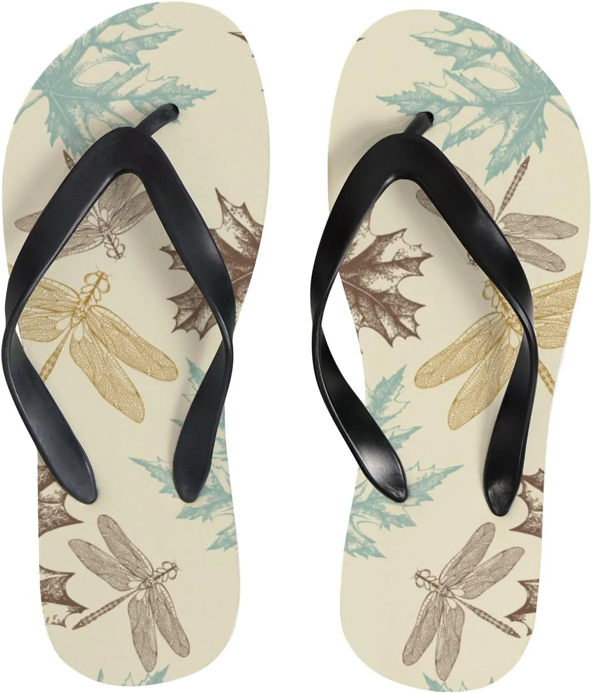 Womens Flip Flops for Summer Beach - Autumn Maple Leaves Dragonfly Casual Slide Flat Sandals Thong Slippers