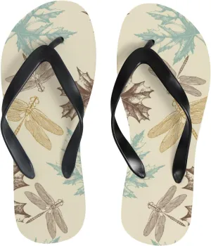 Womens Flip Flops for Summer Beach - Autumn Maple Leaves Dragonfly Casual Slide Flat Sandals Thong Slippers