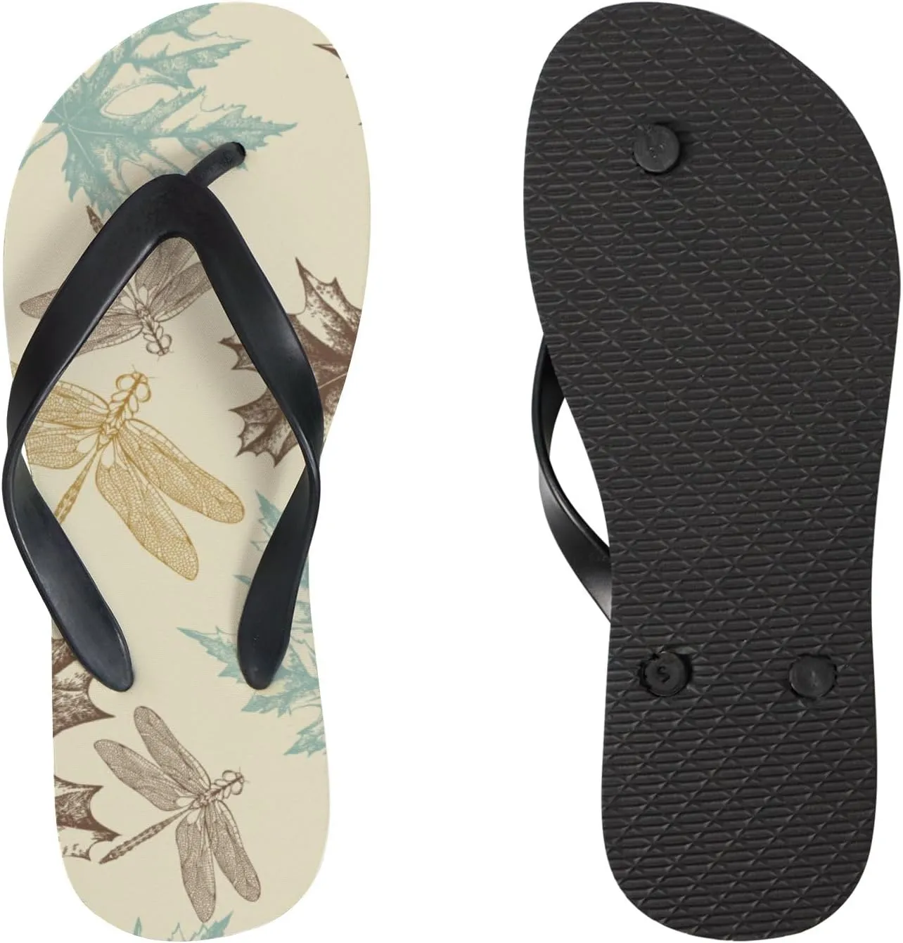 Womens Flip Flops for Summer Beach - Autumn Maple Leaves Dragonfly Casual Slide Flat Sandals Thong Slippers