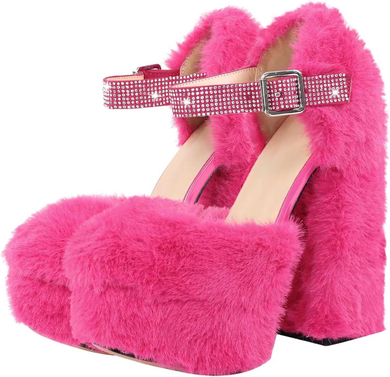 Women's Furry Platform Heels Faux Fur Chunky High Heel Mary Jane Pumps Shoes