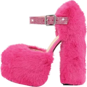 Women's Furry Platform Heels Faux Fur Chunky High Heel Mary Jane Pumps Shoes