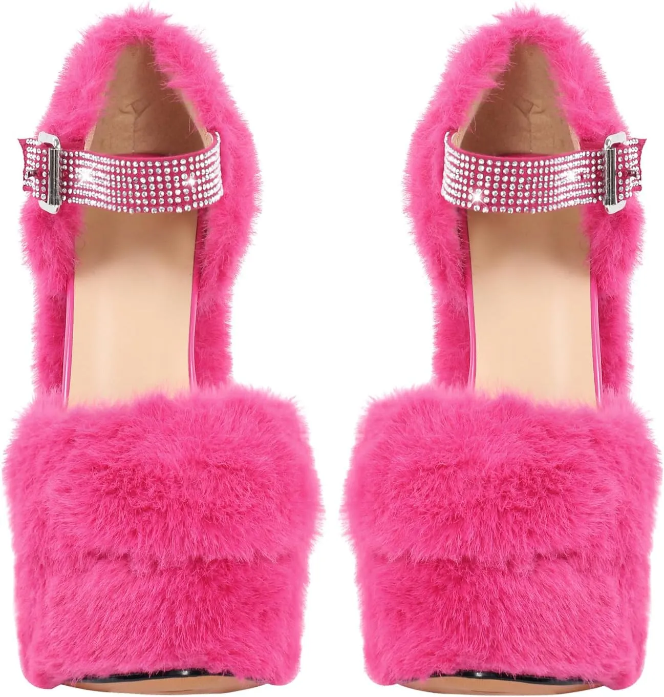 Women's Furry Platform Heels Faux Fur Chunky High Heel Mary Jane Pumps Shoes