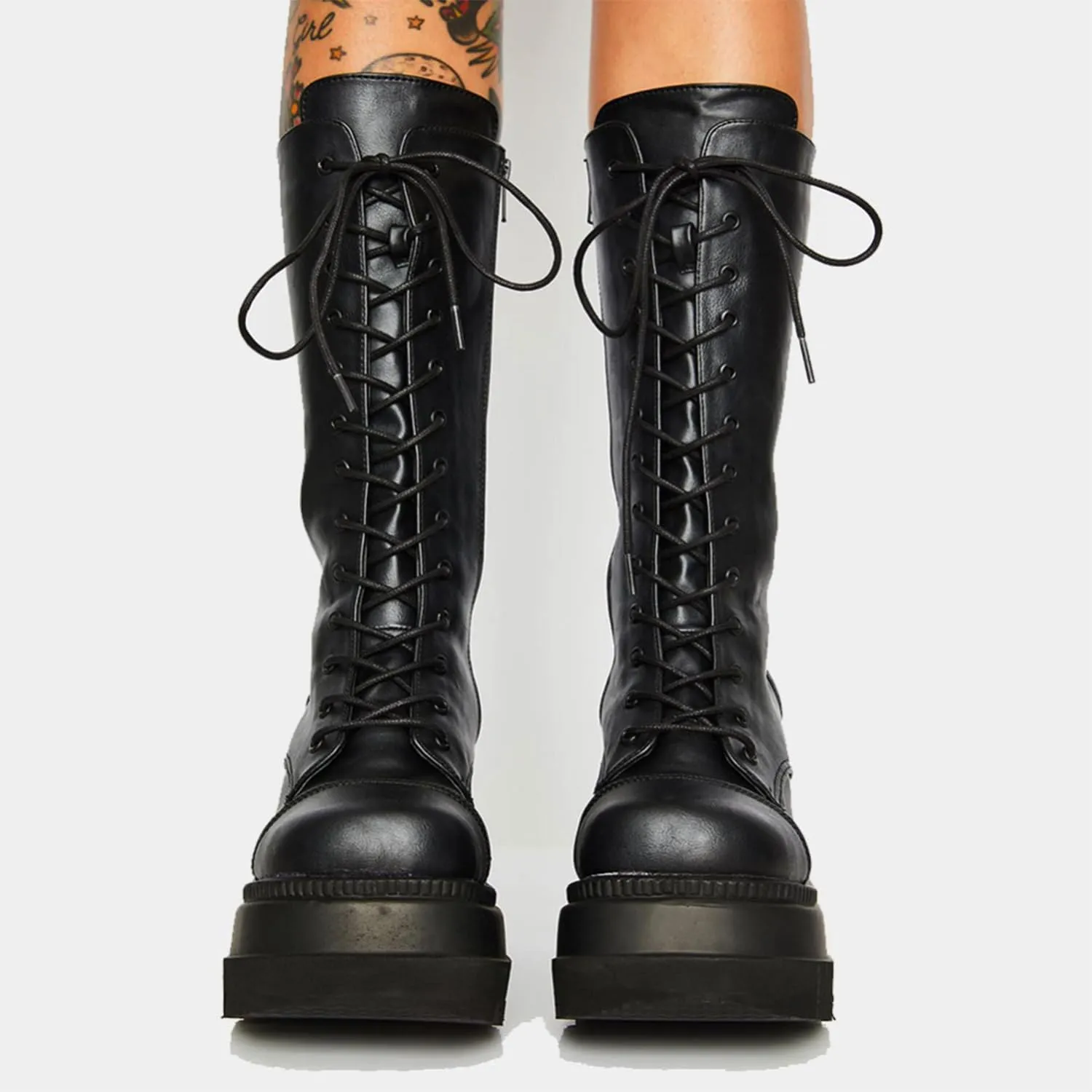 Womens Gothic Punk Platform Boots Chunky Wedge Heel Combat Boots Lace-Up and Zipper Round Toe Mid Calf Motorcycle Boot