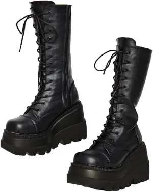 Womens Gothic Punk Platform Boots Chunky Wedge Heel Combat Boots Lace-Up and Zipper Round Toe Mid Calf Motorcycle Boot
