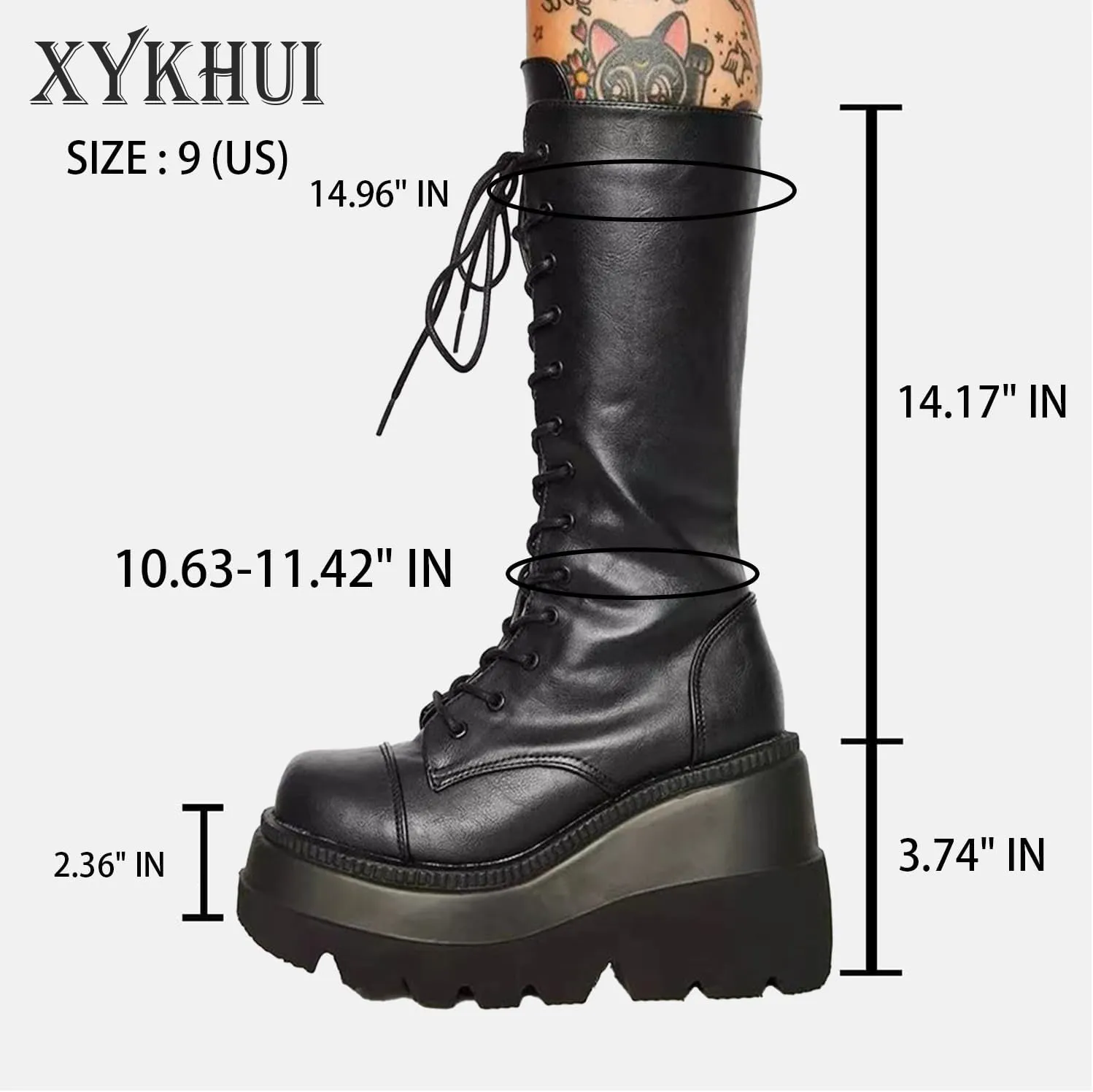 Womens Gothic Punk Platform Boots Chunky Wedge Heel Combat Boots Lace-Up and Zipper Round Toe Mid Calf Motorcycle Boot