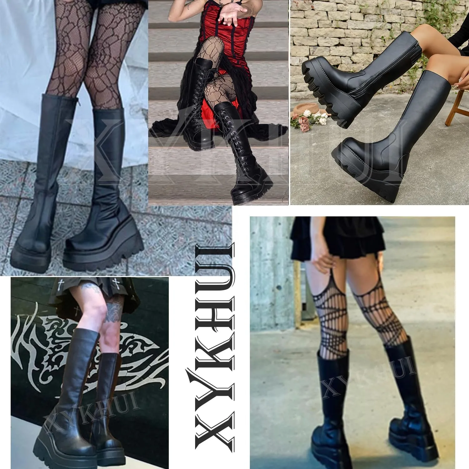 Womens Gothic Punk Platform Boots Chunky Wedge Heel Combat Boots Lace-Up and Zipper Round Toe Mid Calf Motorcycle Boot